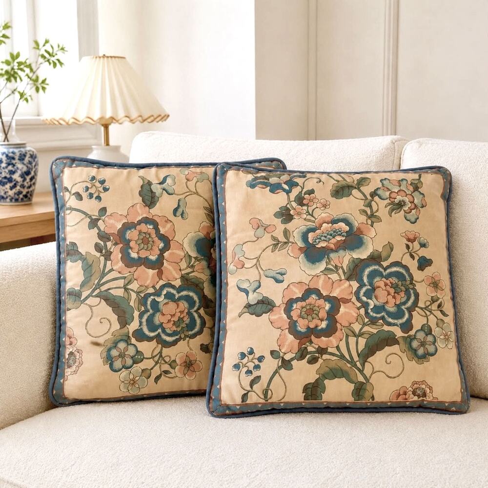 Pair Vintage Floral Cotton Throw Pillows Blue Suede Piping 17.5” Grandmillennial